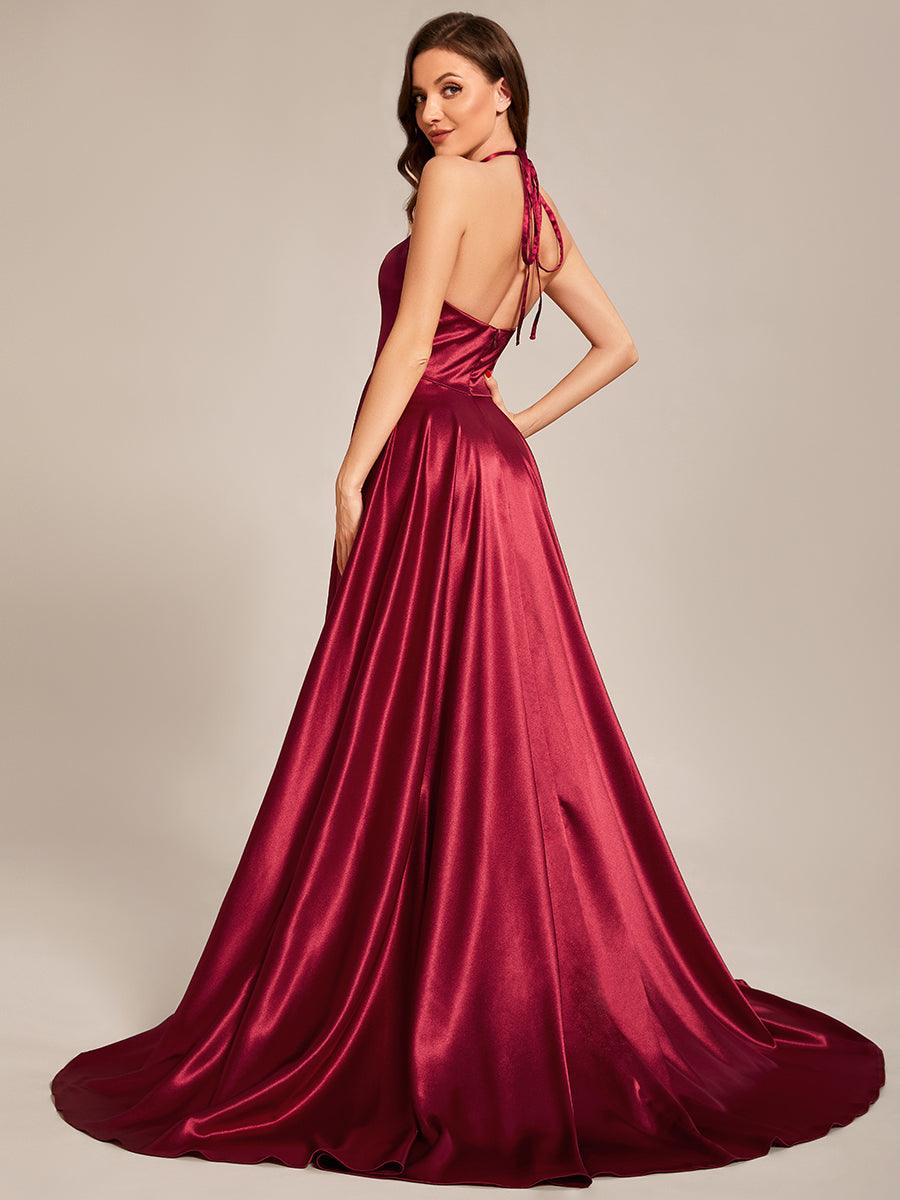 Taille personnalisée Robe de ballongue au sol avec fente sur le devant et col licou #Couleur_Bordeaux