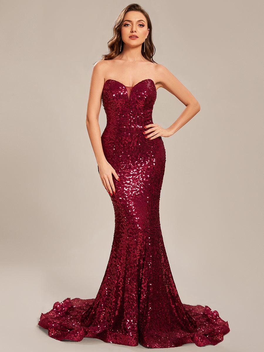 Taille personnalisée Robe de bal longue en sequins moulante sans bretelles #Couleur_Bordeaux