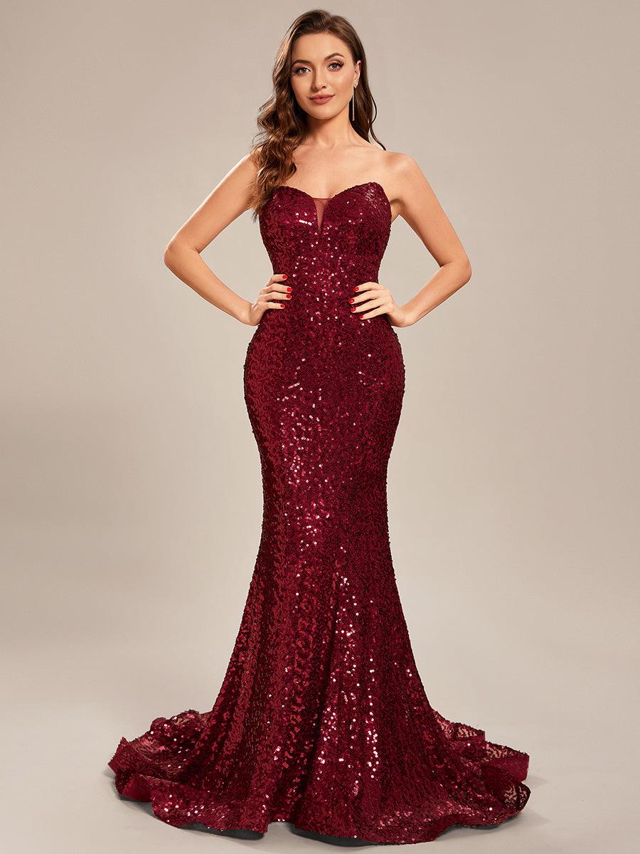 Taille personnalisée Robe de bal longue en sequins moulante sans bretelles #Couleur_Bordeaux