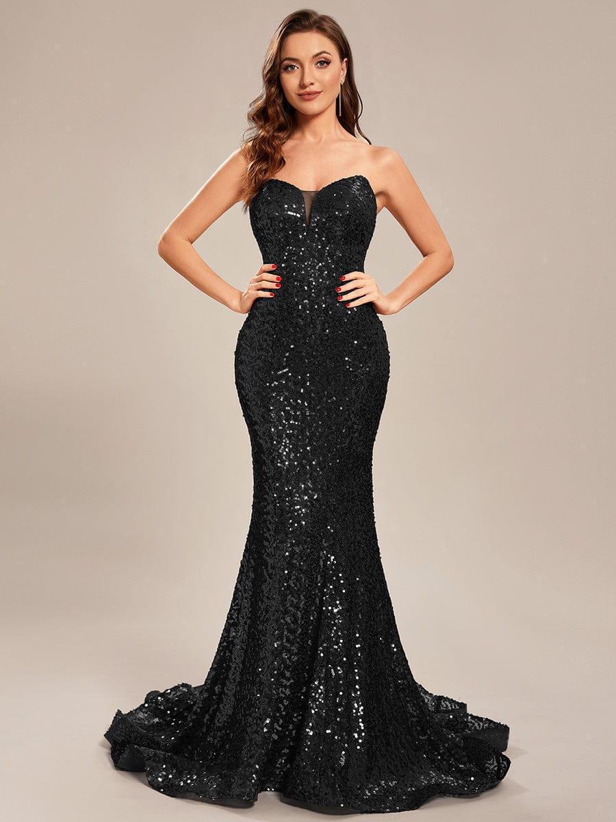 Taille personnalisée Robe de bal longue en sequins moulante sans bretelles #Couleur_Noir