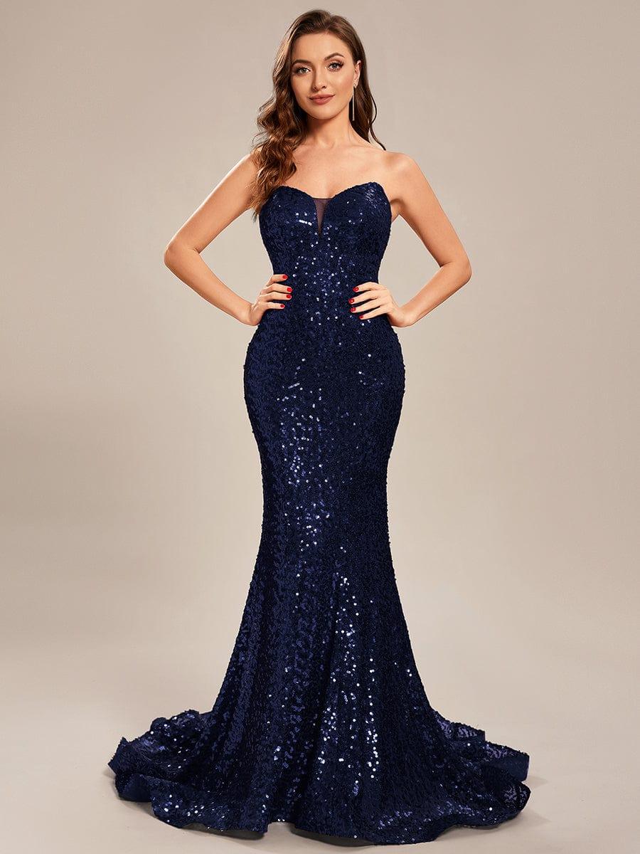 Taille personnalisée Robe de bal longue en sequins moulante sans bretelles #Couleur_Bleu Marine