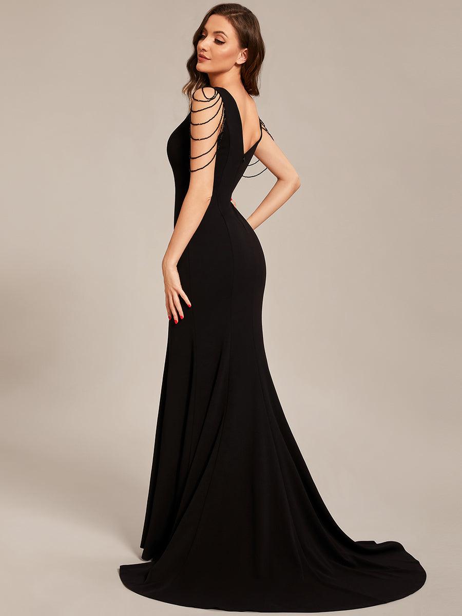 Taille personnalisée Robe de bal moulante fendue en crêpe extensible col en V #Couleur_Noir