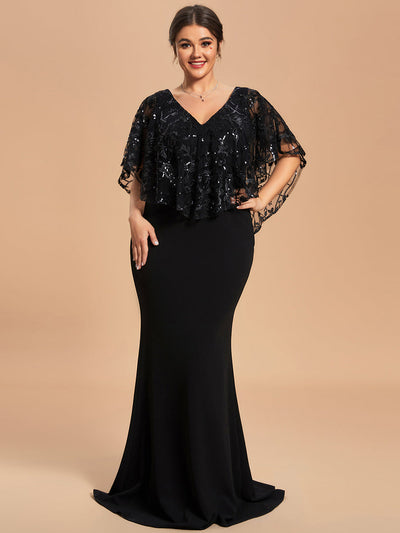 Taille personnalisée Robe Mère De La Mariée Sirène col en V brodé Cape manches courtes longue