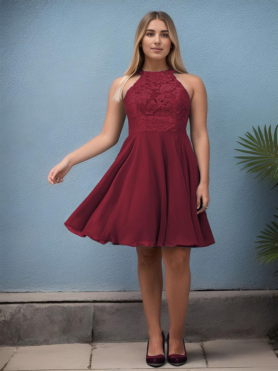 Robe courte en mousseline à encolure Licou dos nu en dentelle #Couleur_Bordeaux