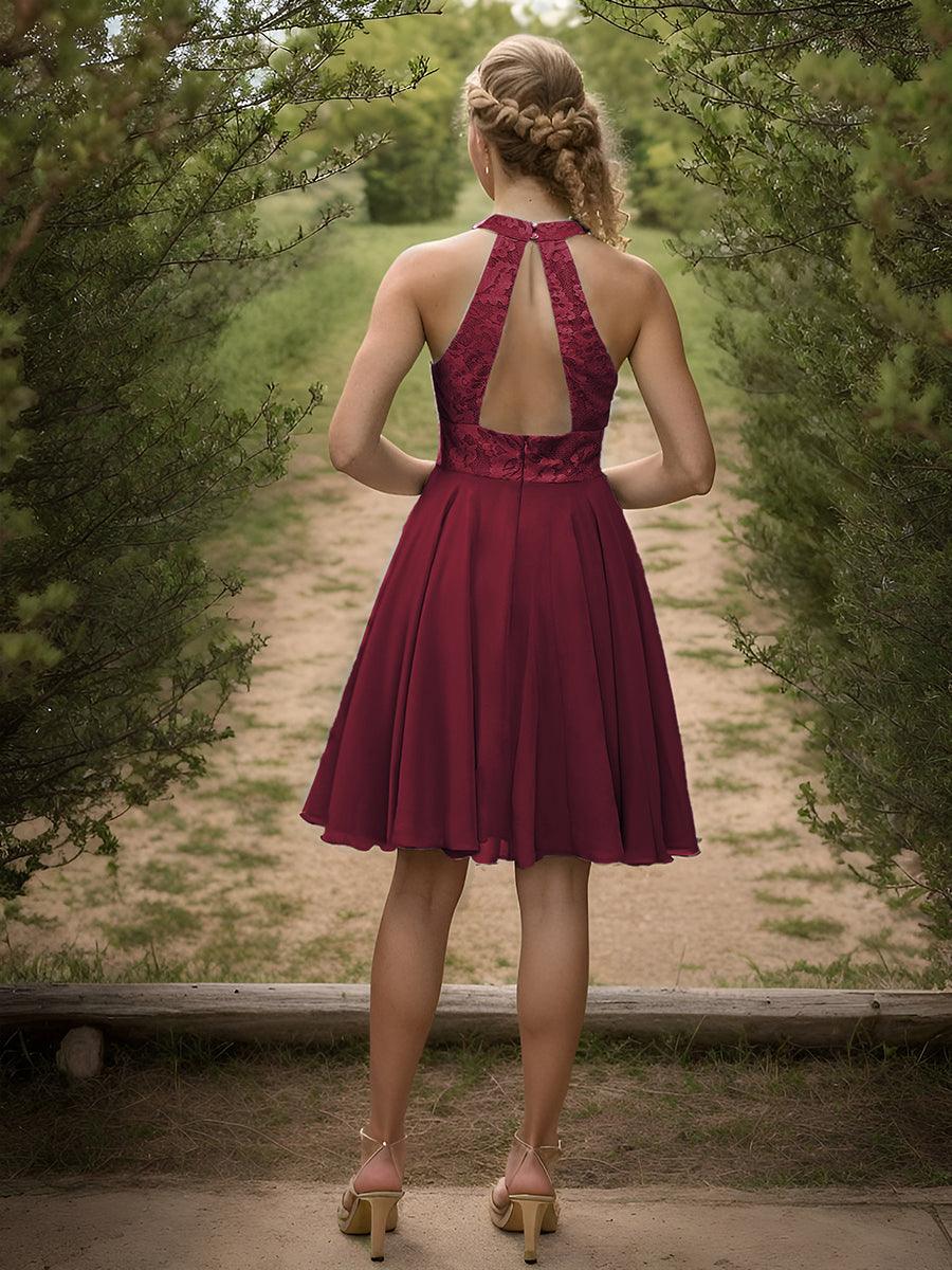 Robe courte en mousseline à encolure Licou dos nu en dentelle #Couleur_Bordeaux