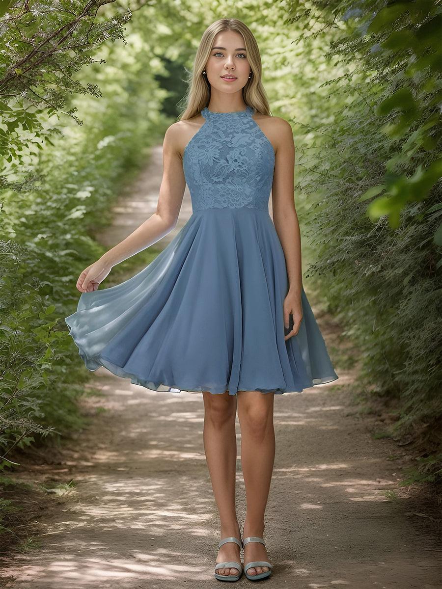 Robe courte en mousseline à encolure Licou dos nu en dentelle #Couleur_Marine Fume
