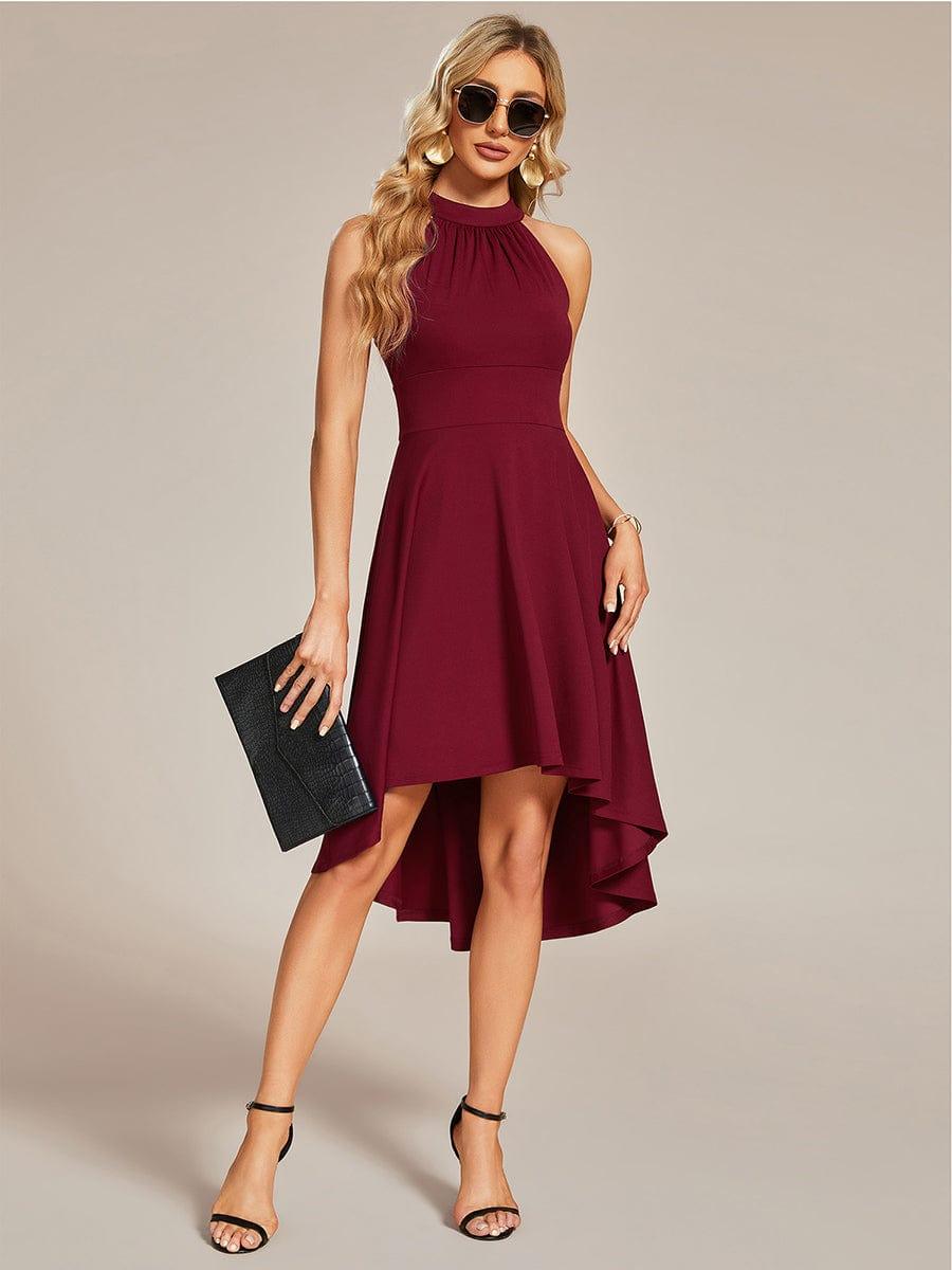 Robe décontractée A-ligne Haut-Bas à la mode au col licou #Couleur_Bordeaux