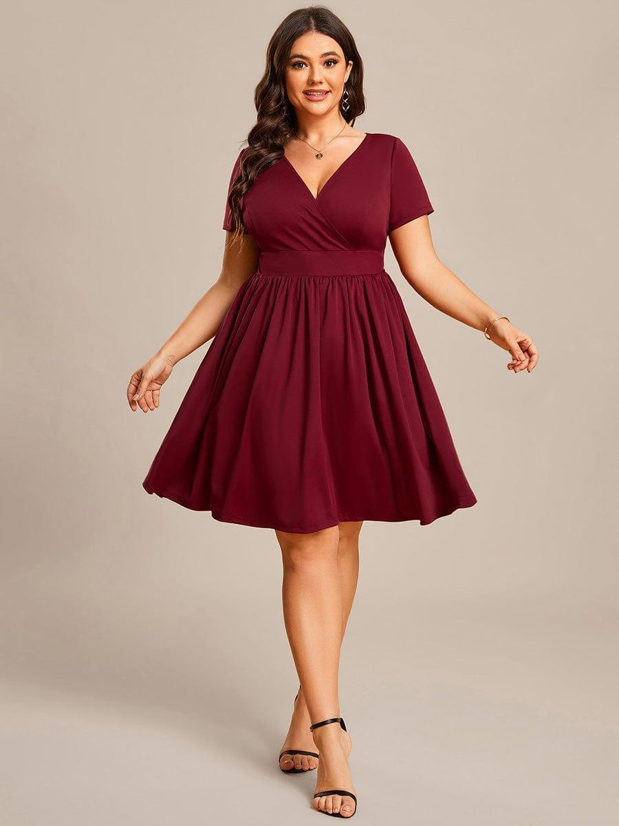 Robe Décontractée Col V Manches Courtes A-Linees #Couleur_Bordeaux