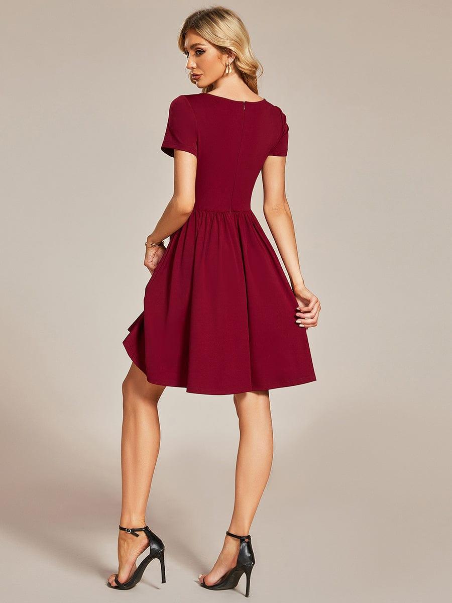 Robe Décontractée Col V Manches Courtes A-Linees #Couleur_Bordeaux