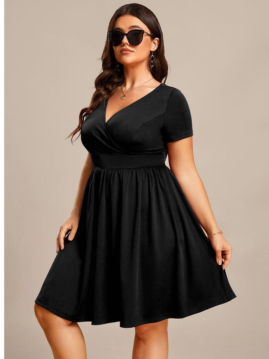 Robe Décontractée Col V Manches Courtes A-Linees #Couleur_Noir