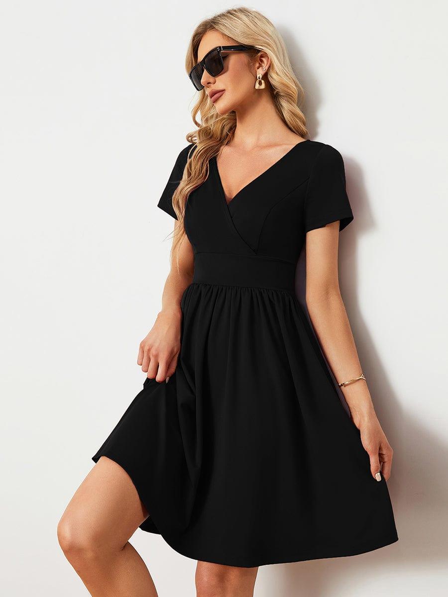 Robe Décontractée Col V Manches Courtes A-Linees #Couleur_Noir