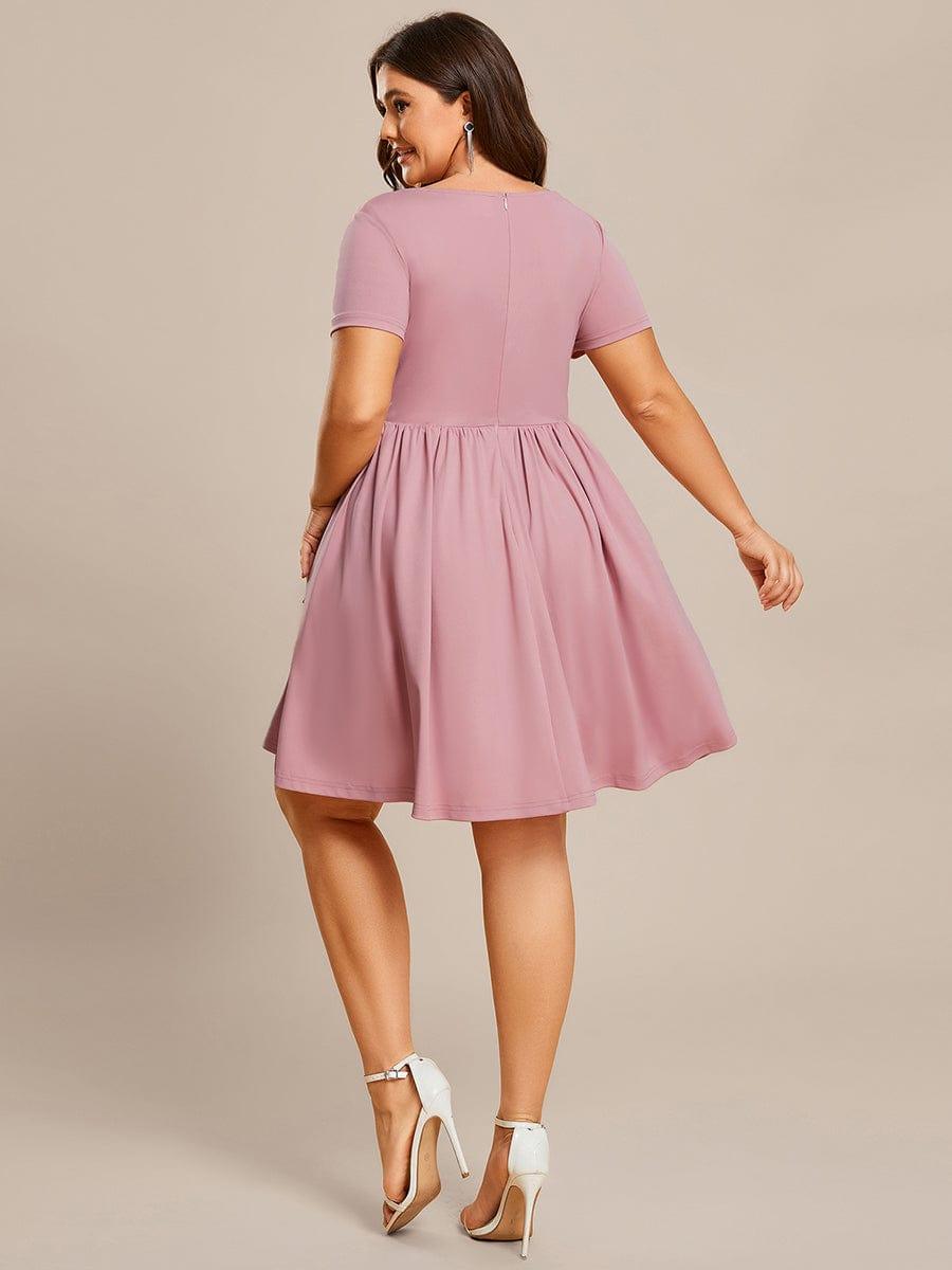 Robe Décontractée Col V Manches Courtes A-Linees #Couleur_Rose fumee