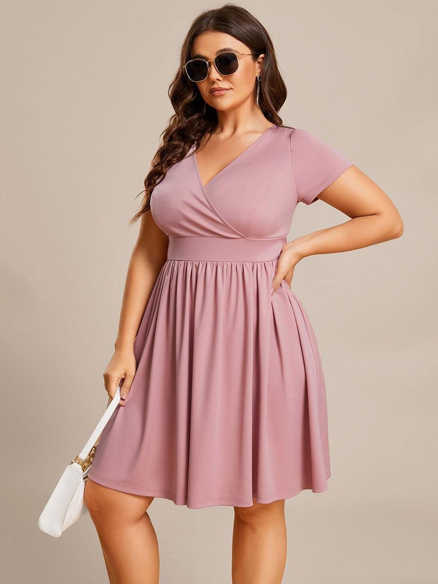 Robe Décontractée Col V Manches Courtes A-Linees #Couleur_Rose fumee