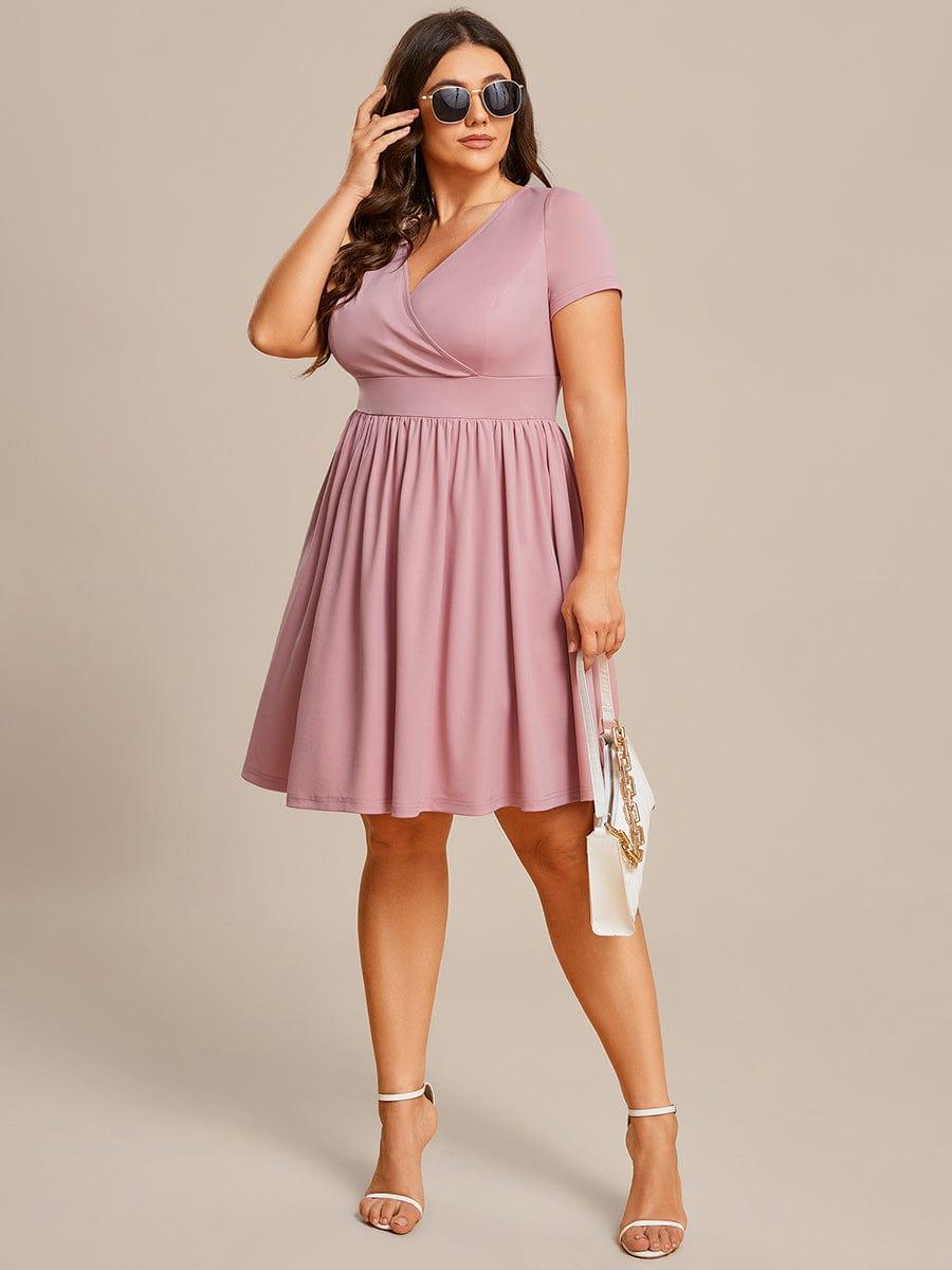 Robe Décontractée Col V Manches Courtes A-Linees #Couleur_Rose fumee