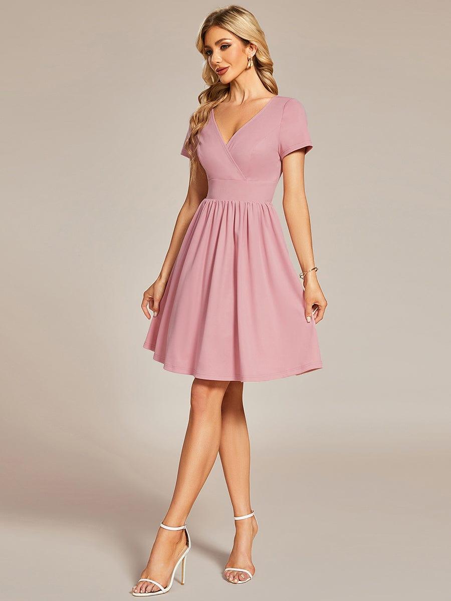 Robe Décontractée Col V Manches Courtes A-Linees #Couleur_Rose fumee