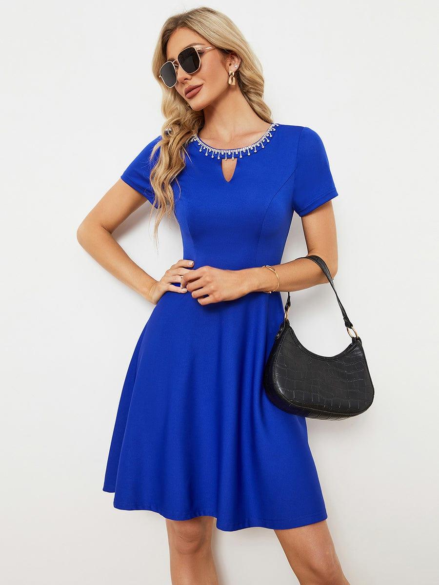 RRobe Décontractée décolleté en strass Manches Courtes A-Line Mini #Couleur_Bleu Saphir