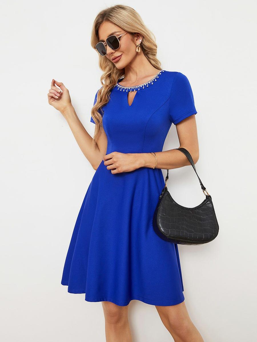RRobe Décontractée décolleté en strass Manches Courtes A-Line Mini #Couleur_Bleu Saphir