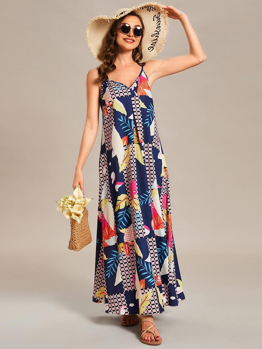 Robe d'été Plage Vacances maxi ample à bretelles fines A Ligne #Couleur_Imprime geometrique