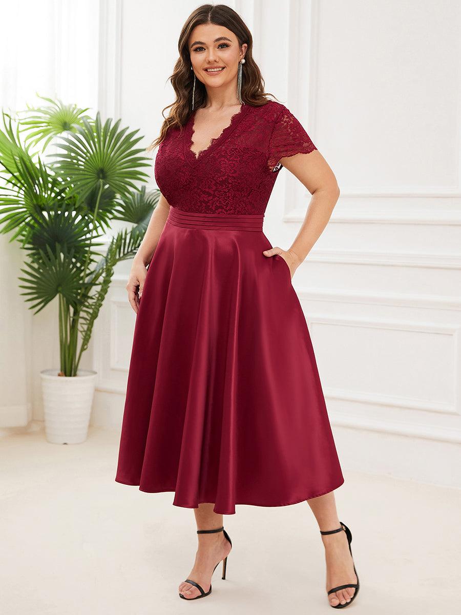 Élégante robe de soirée mi-longue à manches courtes et à fleurs brodées à col en V #Couleur_Bordeaux