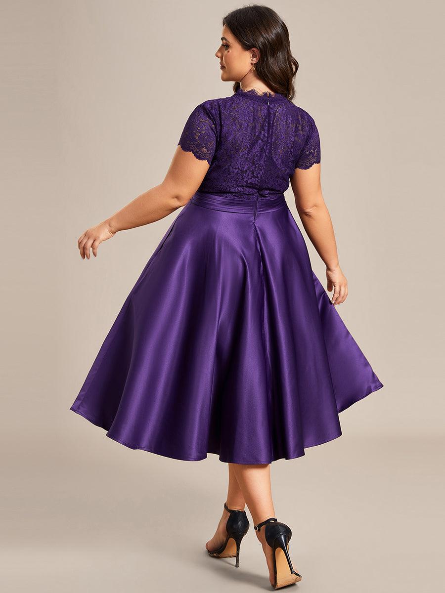 Élégante robe de soirée mi-longue à manches courtes et à fleurs brodées à col en V #Couleur_Violet Fonce