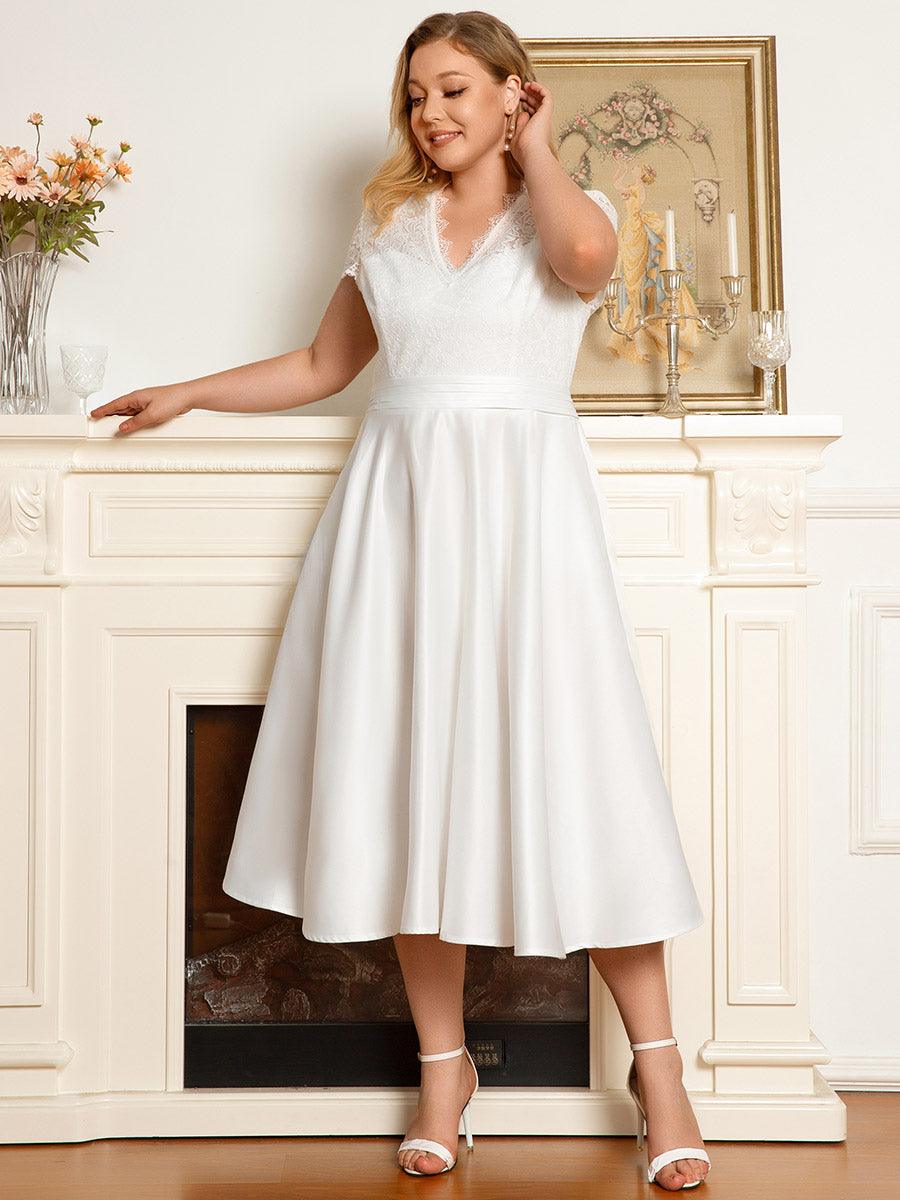 Élégante robe de soirée mi-longue à manches courtes et à fleurs brodées à col en V #Couleur_Blanc