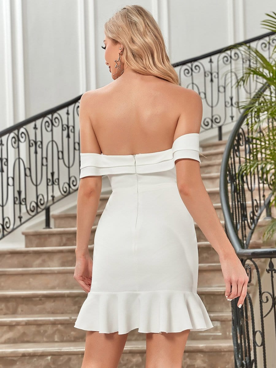 Robe de cocktail courte sexy à volants et épaules dénudées #Couleur_Blanc