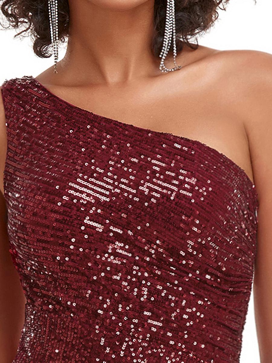 Robe de soirée longue asymétrique à paillettes avec fente #Couleur_Bordeaux
