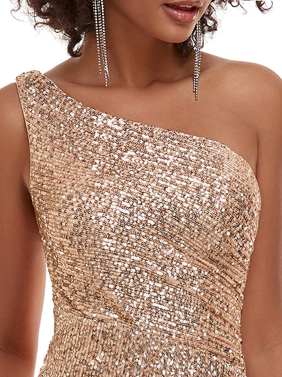Robe de soirée longue asymétrique à paillettes avec fente #Couleur_Or rose