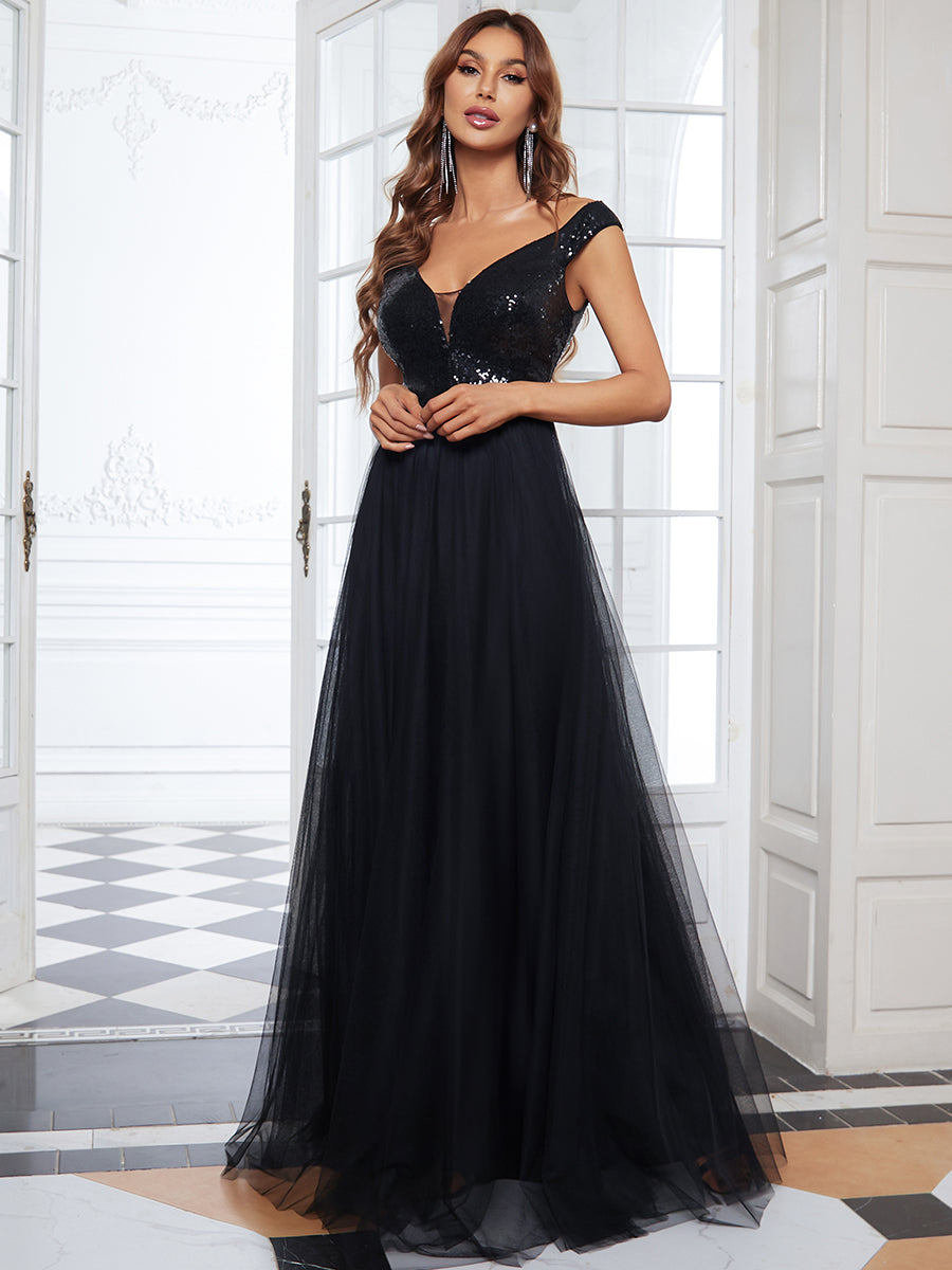 Superbe robe de soirée sans manches en tulle et paillettes taille haute #Couleur_Noir