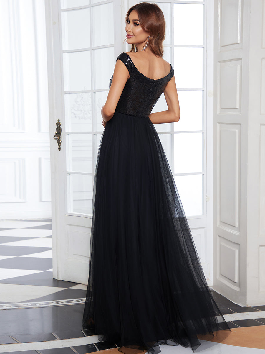 Superbe robe de soirée sans manches en tulle et paillettes taille haute #Couleur_Noir