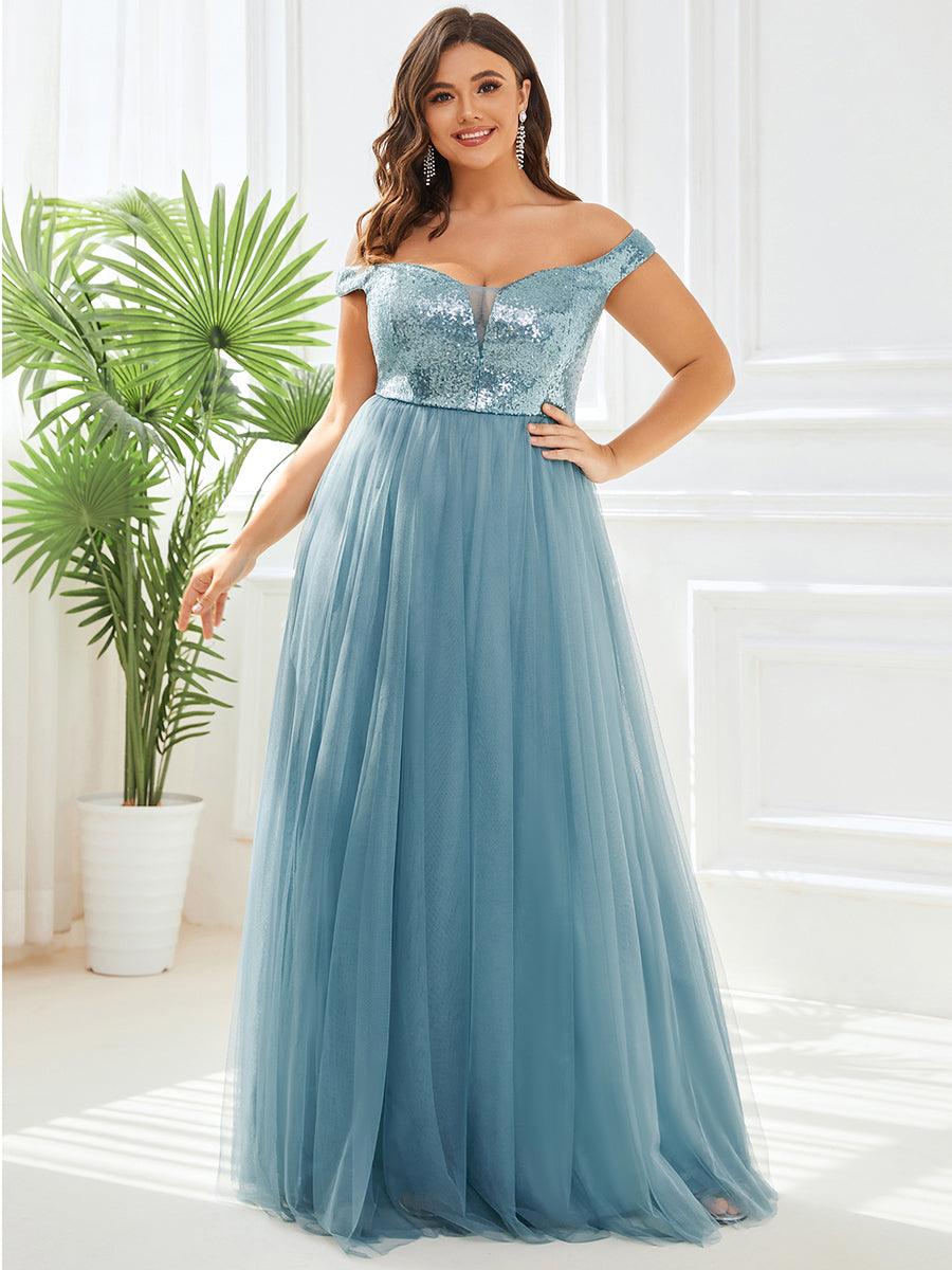 Superbe robe de soirée Grande taille en tulle et paillettes sans manches #Couleur_Bleu Fume