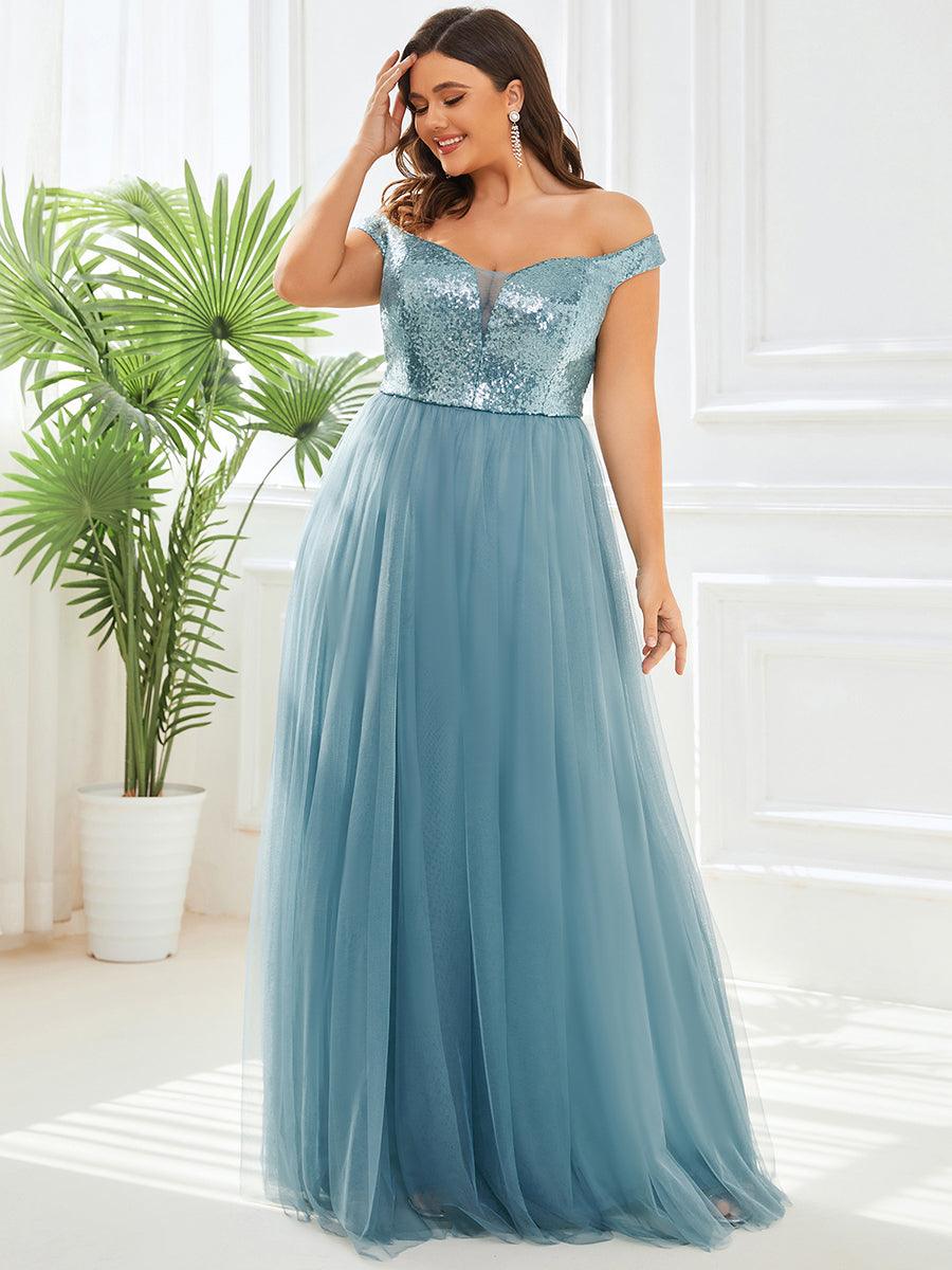 Superbe robe de soirée Grande taille en tulle et paillettes sans manches #Couleur_Bleu Fume