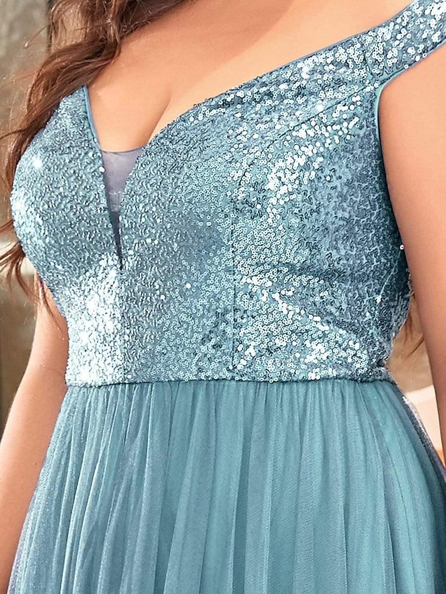Superbe robe de soirée Grande taille en tulle et paillettes sans manches #Couleur_Bleu Fume