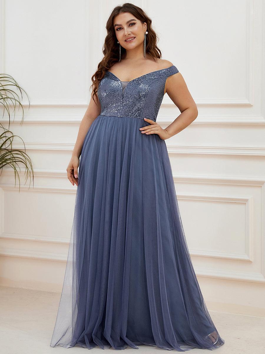 Superbe robe de soirée Grande taille en tulle et paillettes sans manches #Couleur_Marine Fume