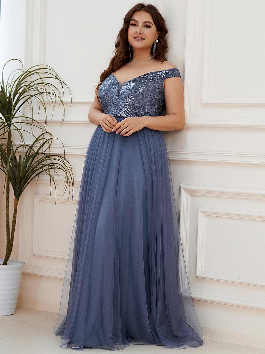 Superbe robe de soirée Grande taille en tulle et paillettes sans manches #Couleur_Marine Fume