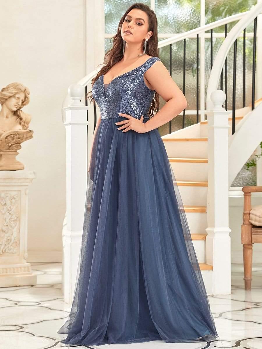Superbe robe de soirée Grande taille en tulle et paillettes sans manches #Couleur_Marine Fume