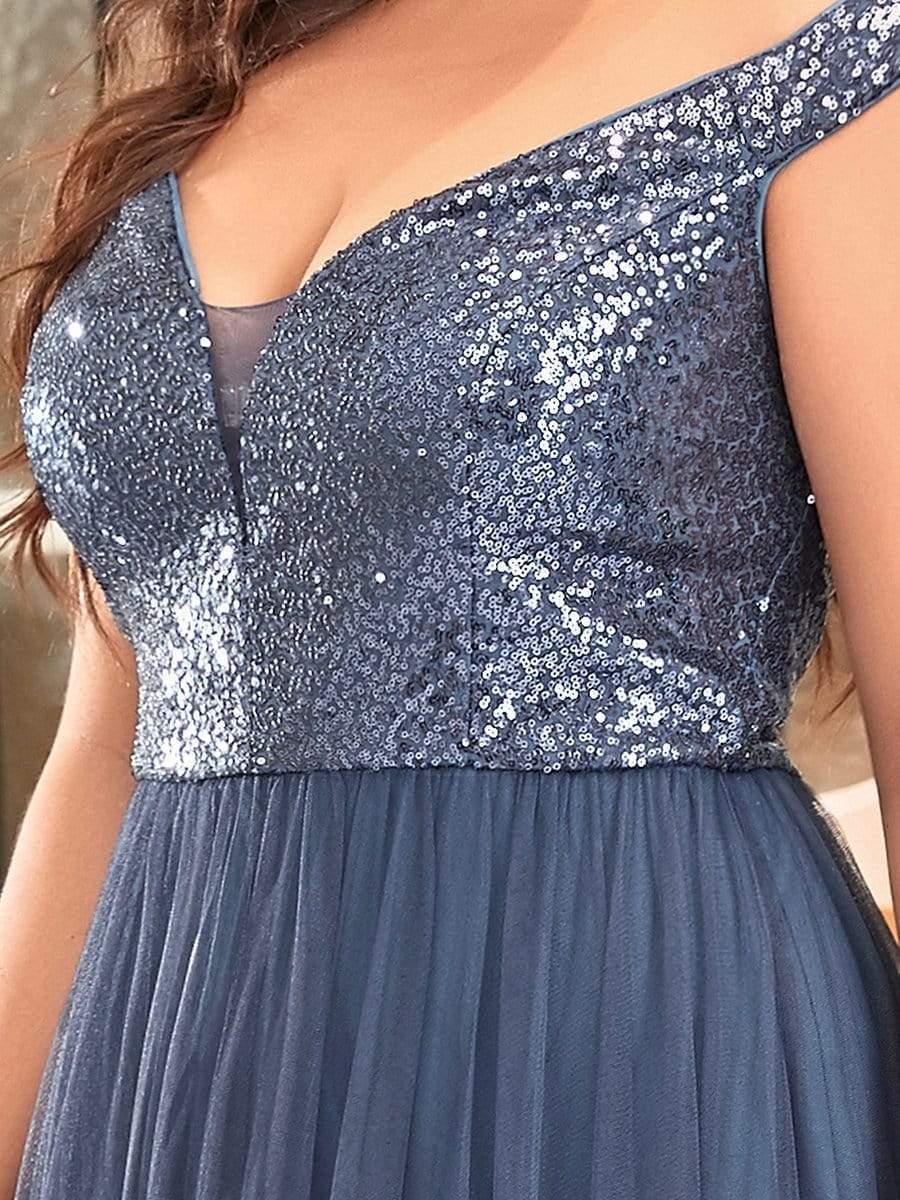 Superbe robe de soirée Grande taille en tulle et paillettes sans manches #Couleur_Marine Fume