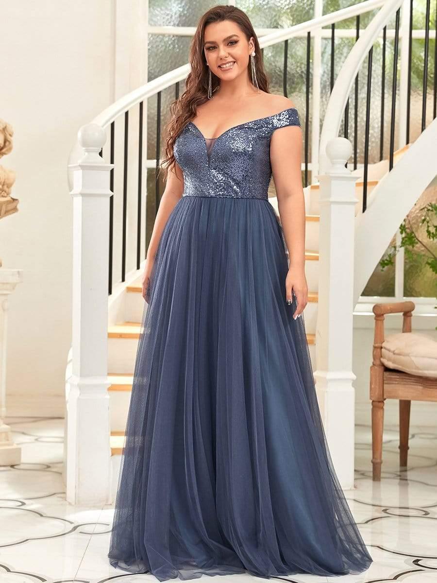 Superbe robe de soirée Grande taille en tulle et paillettes sans manches #Couleur_Marine Fume