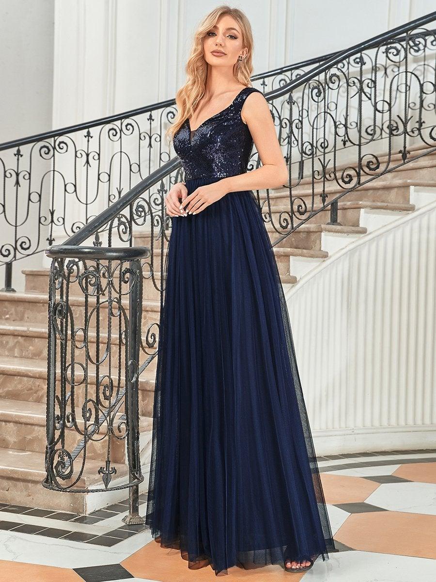 Superbe robe de soirée sans manches en tulle et paillettes taille haute #Couleur_Bleu Marine