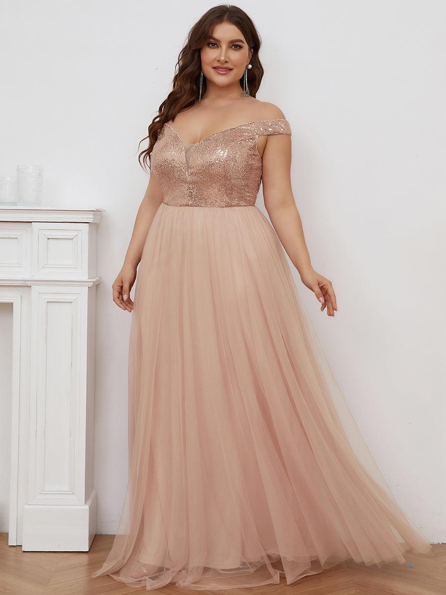 Superbe robe de soirée Grande taille en tulle et paillettes sans manches #Couleur_Or Rose