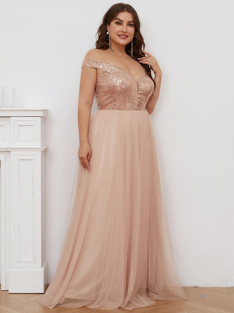 Superbe robe de soirée Grande taille en tulle et paillettes sans manches #Couleur_Or Rose