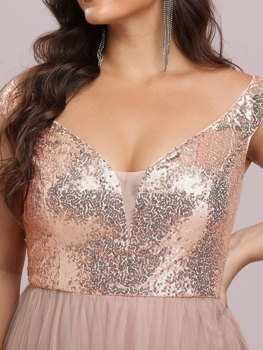 Superbe robe de soirée Grande taille en tulle et paillettes sans manches #Couleur_Or Rose