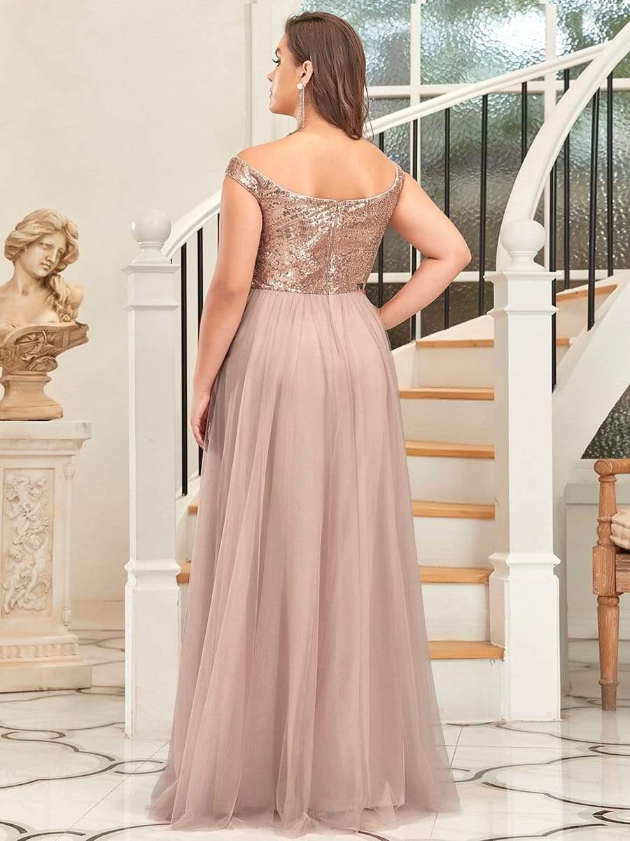 Superbe robe de soirée Grande taille en tulle et paillettes sans manches #Couleur_Or Rose
