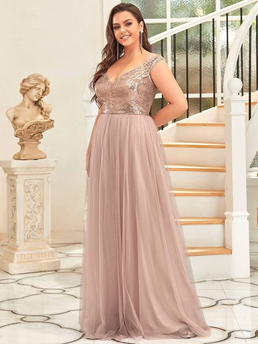 Superbe robe de soirée Grande taille en tulle et paillettes sans manches #Couleur_Or Rose
