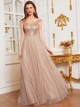 Superbe robe de soirée sans manches en tulle et paillettes taille haute #Couleur_Or rose
