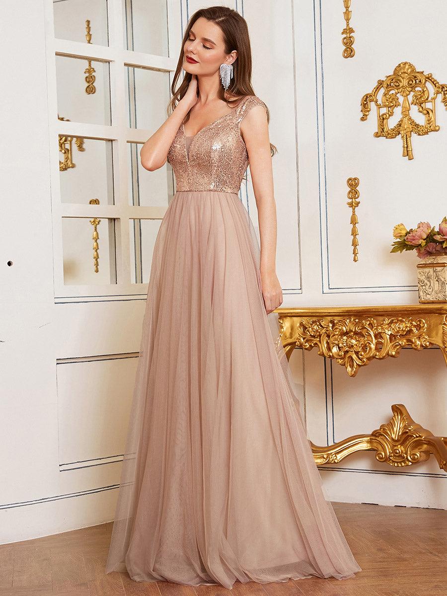 Superbe robe de soirée sans manches en tulle et paillettes taille haute