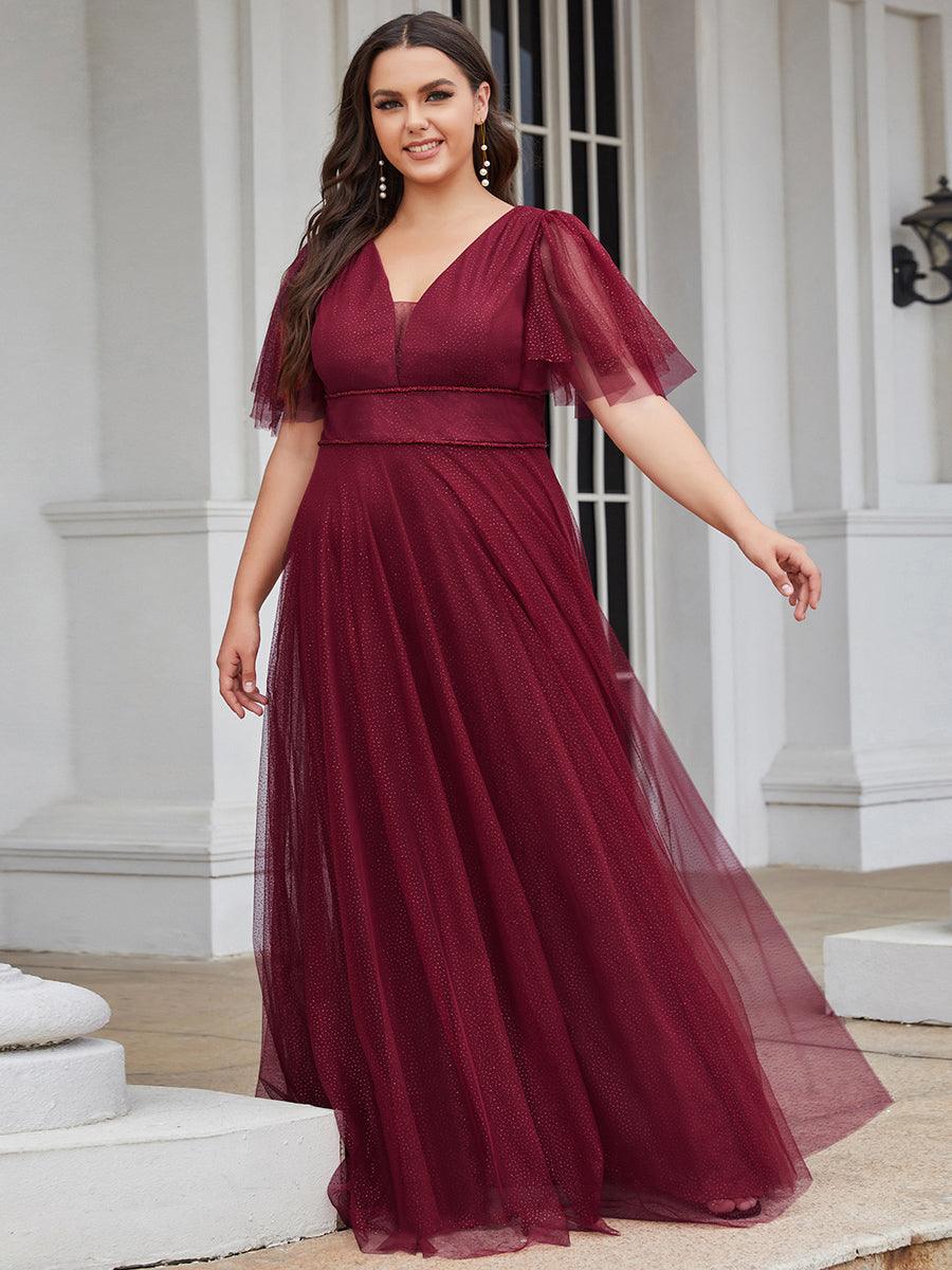 Jolie robe de soirée longue en tulle avec col en V profond #Couleur_Bordeaux