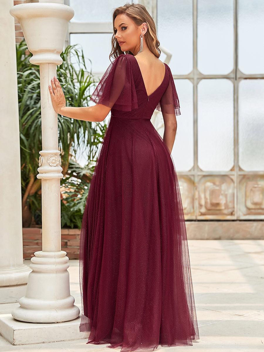 Jolie robe de soirée longue en tulle avec col en V profond #Couleur_Bordeaux