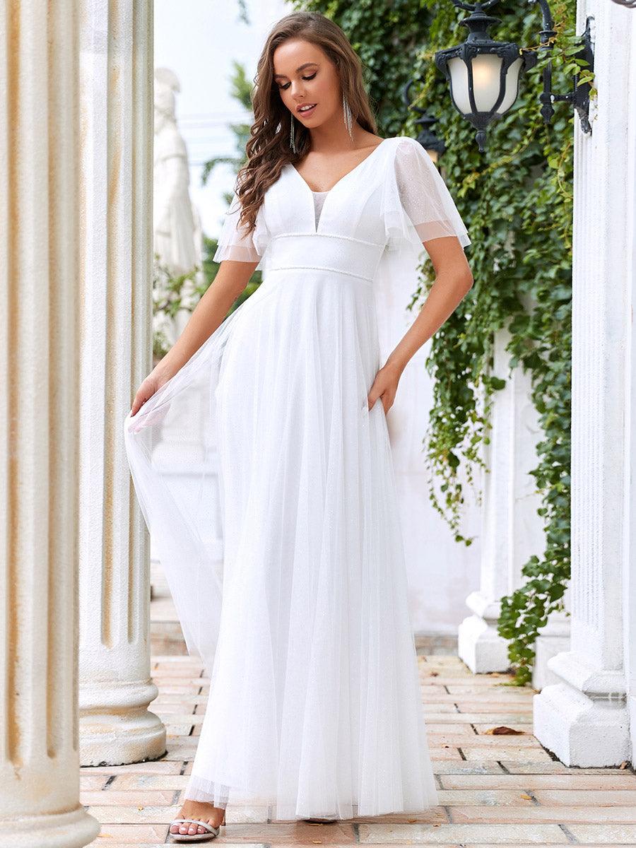 Jolie robe de soirée longue en tulle avec col en V profond #Couleur_Creme