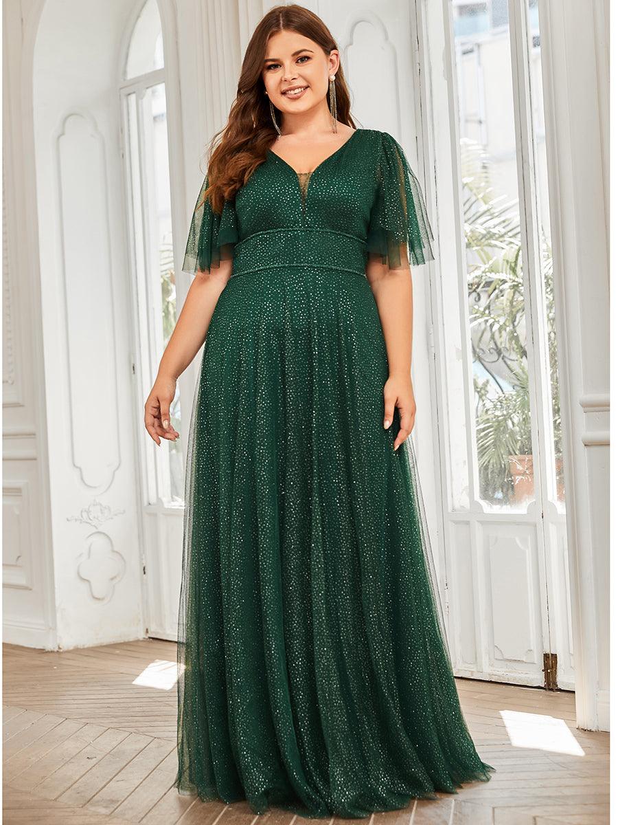 Robe de soirée romantique en tulle grande taille avec col en V profond #Couleur_Vert Fonce